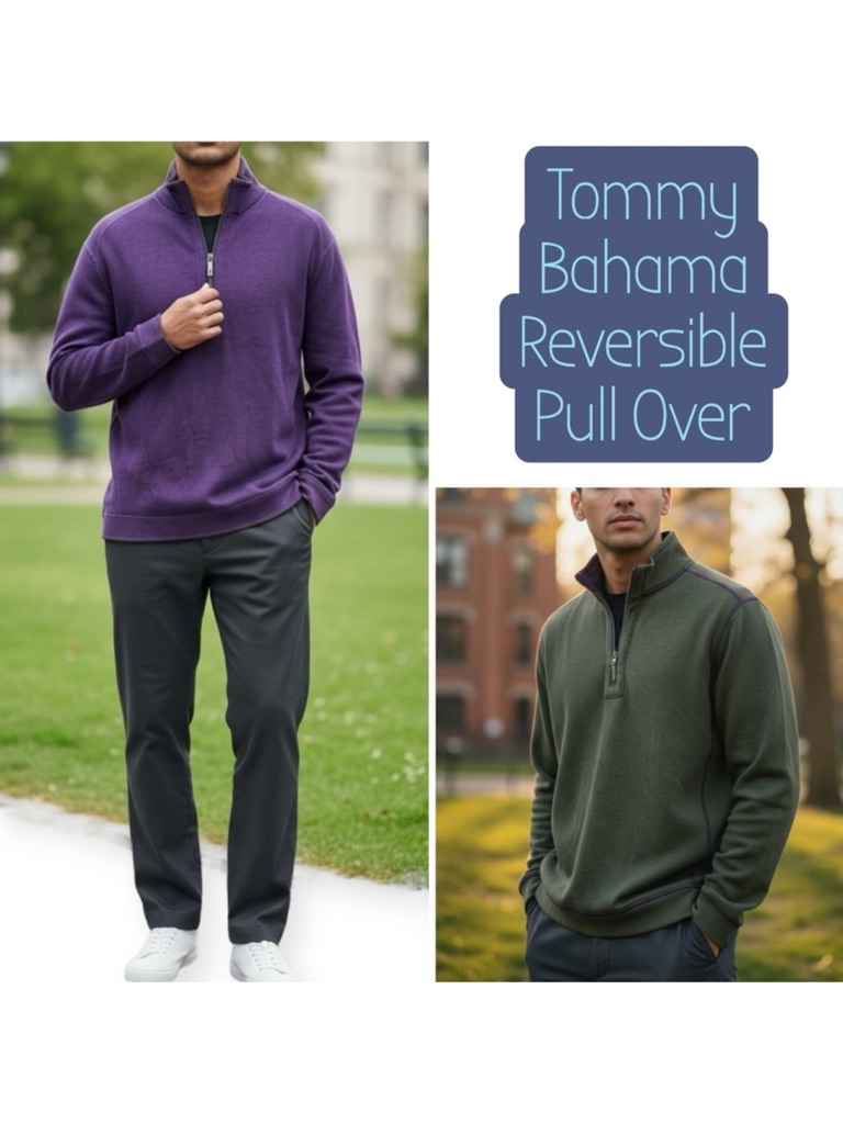 Tommy Bahama Reversible Half-Zip Sweater Regal Purple/Army Green Men’s Medium